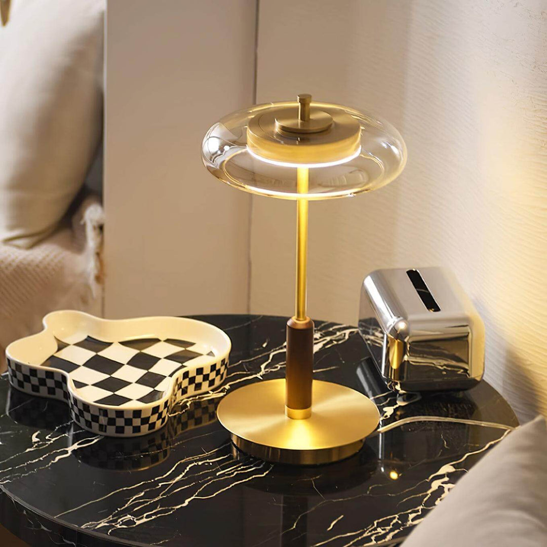 Moderne Designer Bordlampe i Glas, Træ og Metal