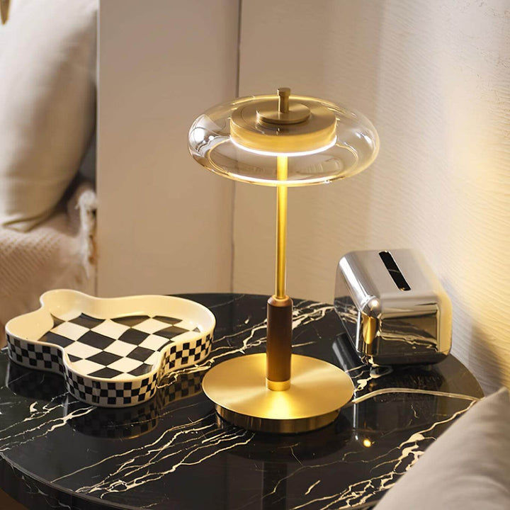 Moderne Designer Bordlampe i Glas, Træ og Metal