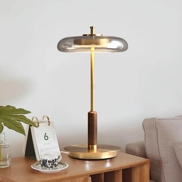 Moderne Designer Bordlampe i Glas, Træ og Metal
