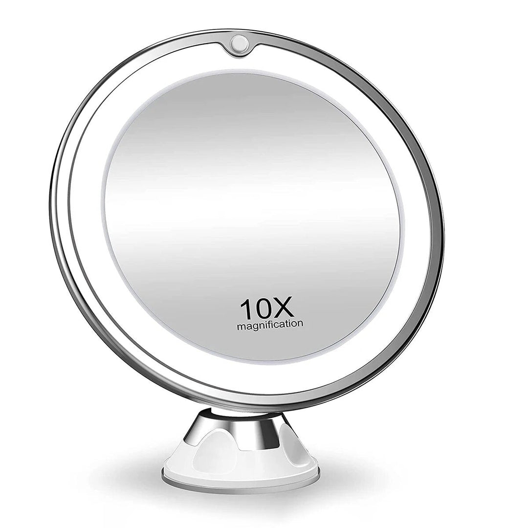 10x forstørrelses makeupspejl med LED-lys og 360° rotation for præcis makeup. Perfekt til personlig pleje.