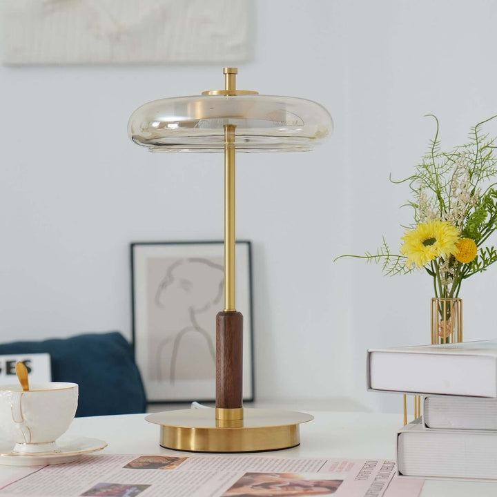 Moderne Designer Bordlampe i Glas, Træ og Metal