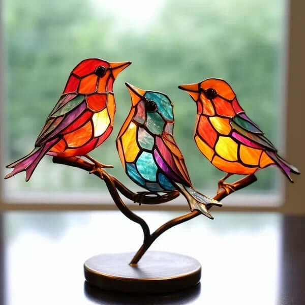 Dekorative fuglefigurer i farvet glas