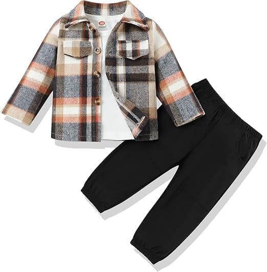 Børne 3-delt Sæt: Flannel Skjorte, T-shirt & Bukser