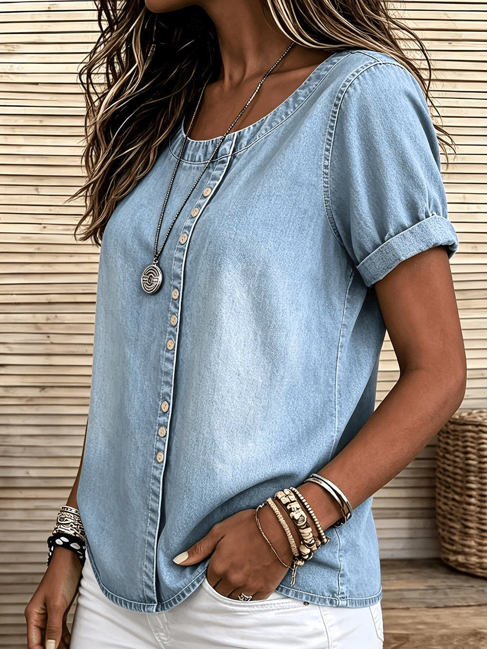 Komfortabel blå denimbluse til damer, kortærmet med knapper, ideel til sommer og hverdag.