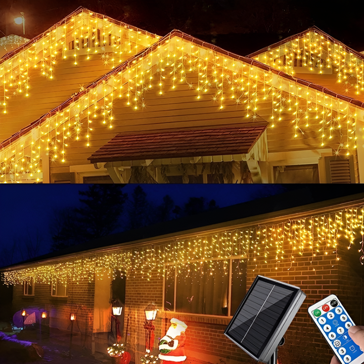 Magisk GlowCurtain LED gardinlys, solcelledrevet, skaber stemningsfuld have- og terrassebelysning.