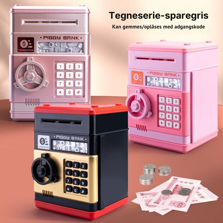 Elektronisk sparebøsse for børn med adgangskode. Lærer børn om opsparing på en sjov måde.