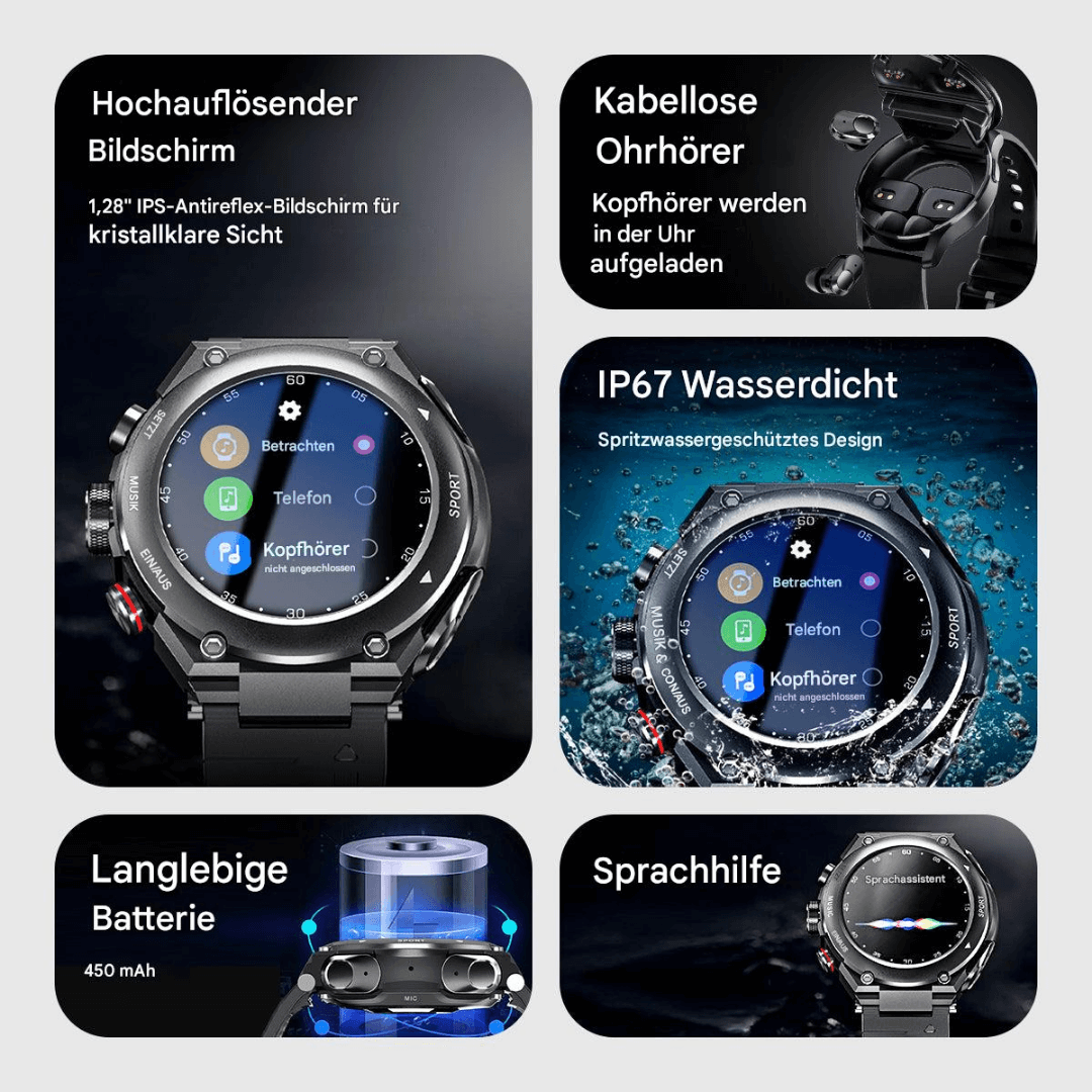 Smartwatch med Øretelefoner - Fitness Tracker & Helsemonitor
