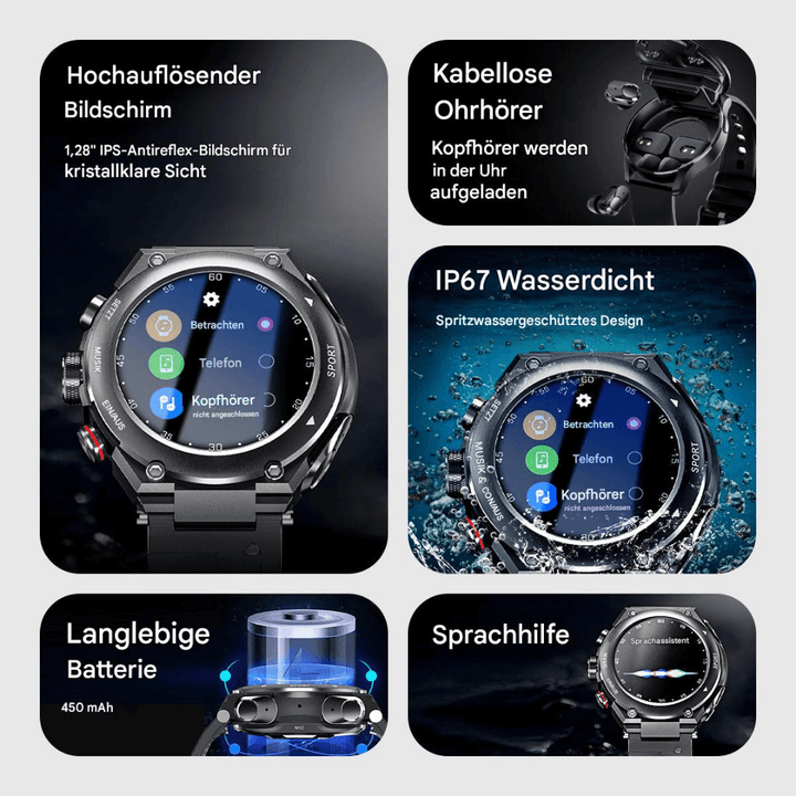 Smartwatch med Øretelefoner - Fitness Tracker & Helsemonitor