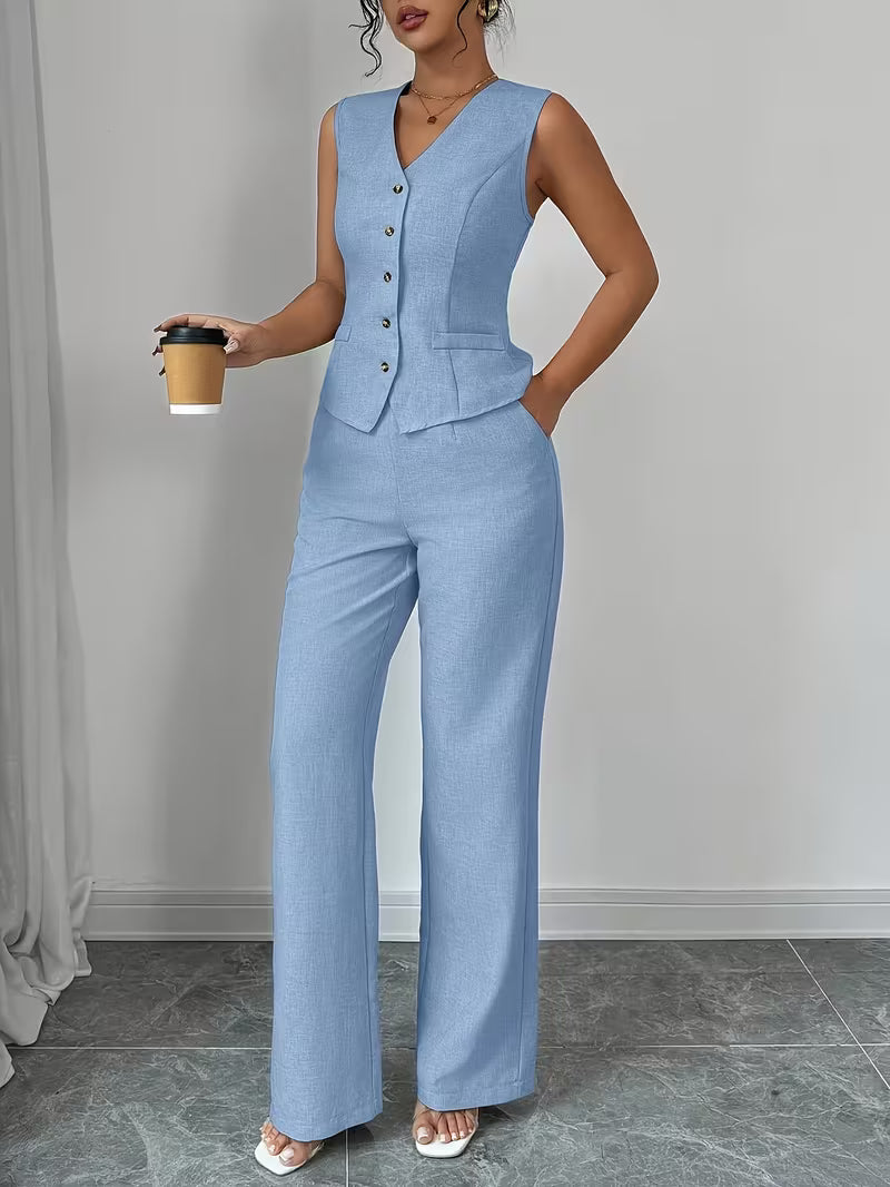 Dame buksesæt: Stilfuld v-hals vest med knapper og komfortable wide-leg bukser med høj talje.
