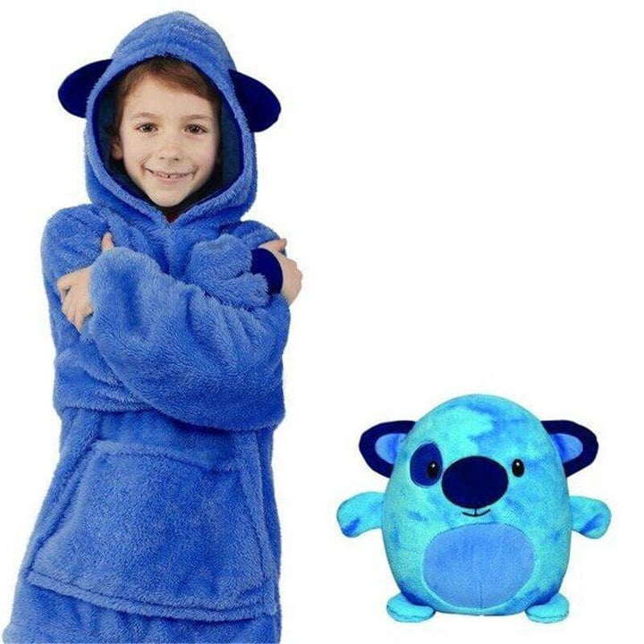 Børne hygge-hoodie med integreret plysdyr