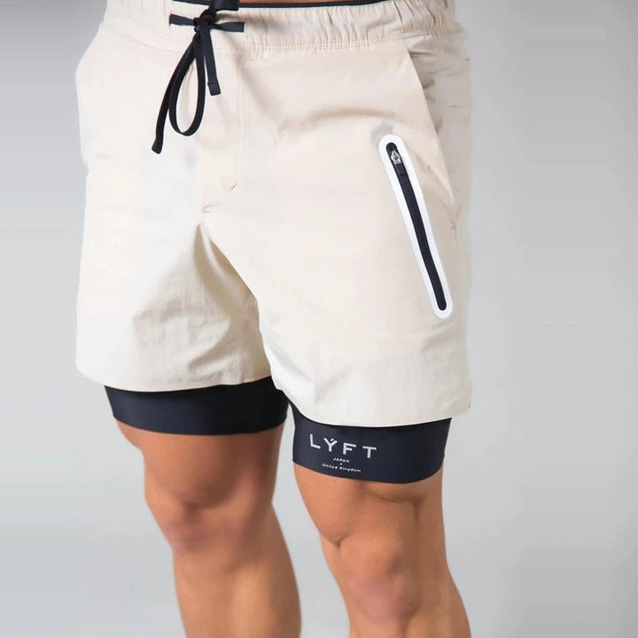2-i-1 Herre træningsshorts, sporty og komfortabel med indbyggede kompressionsbukser og lommer, sort