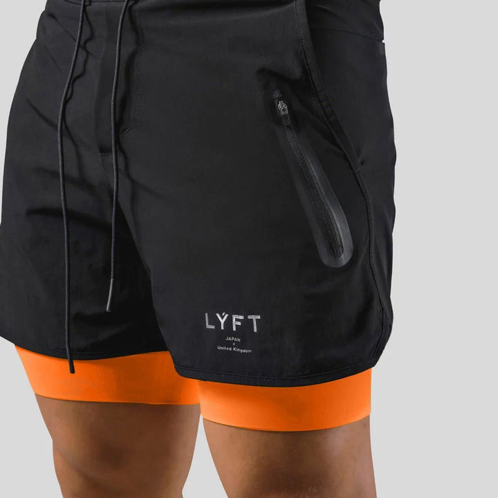 2-i-1 Herre træningsshorts, sporty og komfortabel med indbyggede kompressionsbukser og lommer, sort