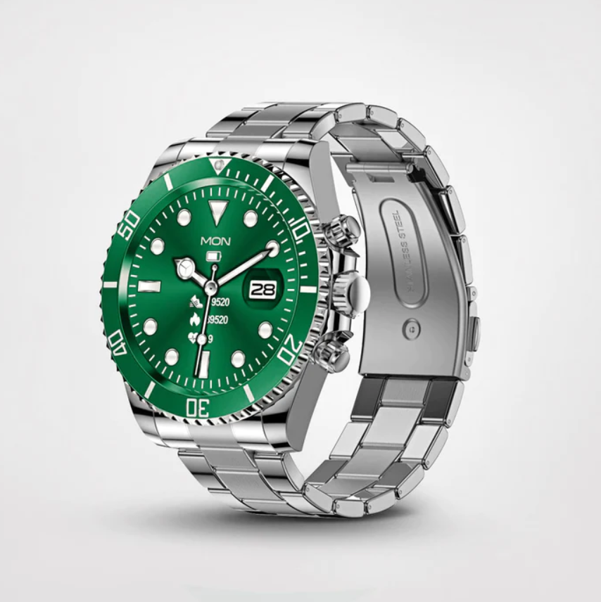 Smartwatch med mange urskiver; her viser det en farverig, moderne urskive.