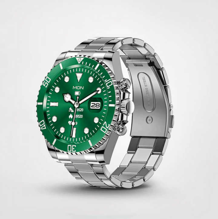 Smartwatch med mange urskiver; her viser det en farverig, moderne urskive.