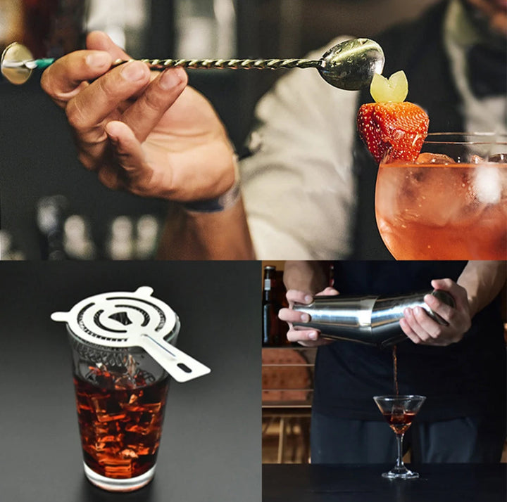 23-delt cocktailsæt i rustfrit stål med shaker, si, jigger og mere, præsenteret på bambusstativ; ideel til hjemmebrug og professionelle.