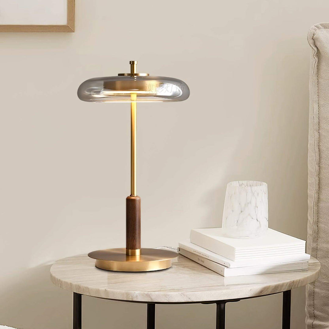Moderne Designer Bordlampe i Glas, Træ og Metal