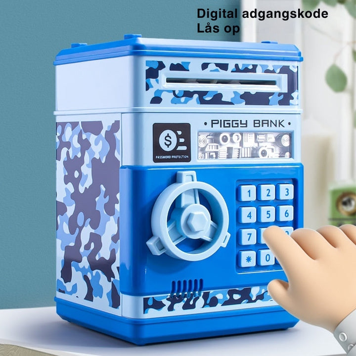 Sjov sparebøsse til børn. Elektronisk design med adgangskode og mulighed for at indsætte sedler.