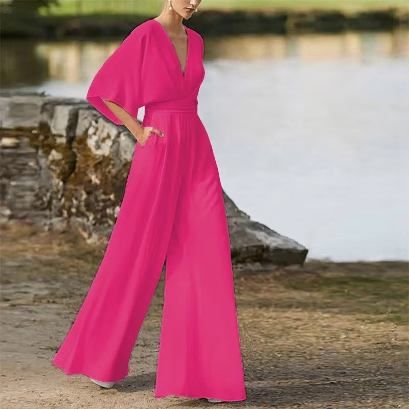 Casual mode dame jumpsuit med V-hals, løs pasform og ideel til hverdagsbrug.