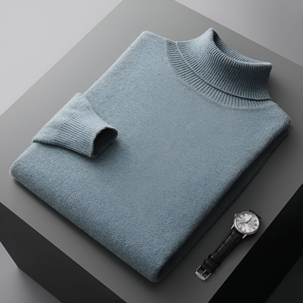 Nærbillede af mænds rullekravesweater: varm, blød strik perfekt til vinterbeklædning, kontor tøj og herremode.