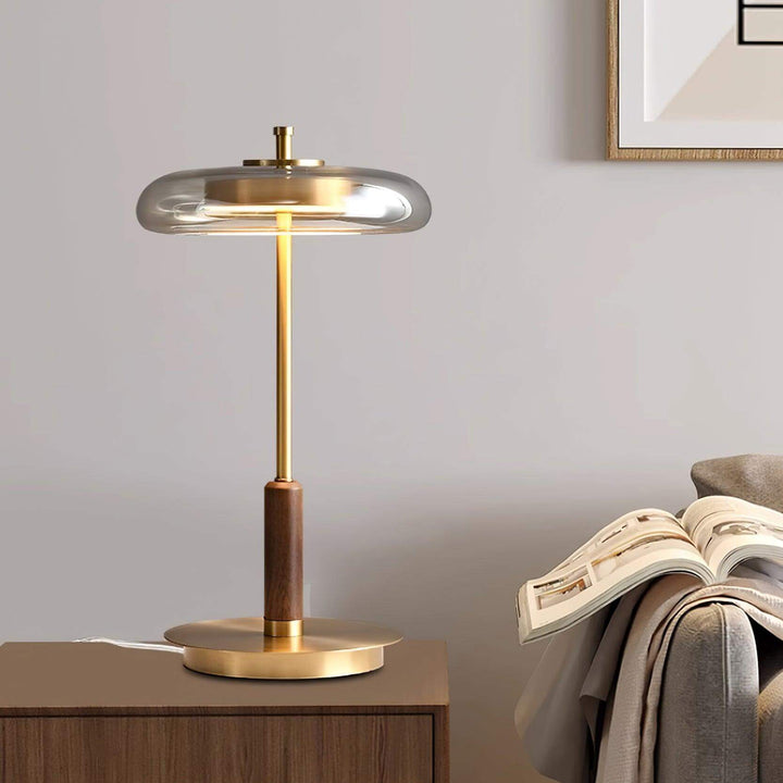 Moderne Designer Bordlampe i Glas, Træ og Metal