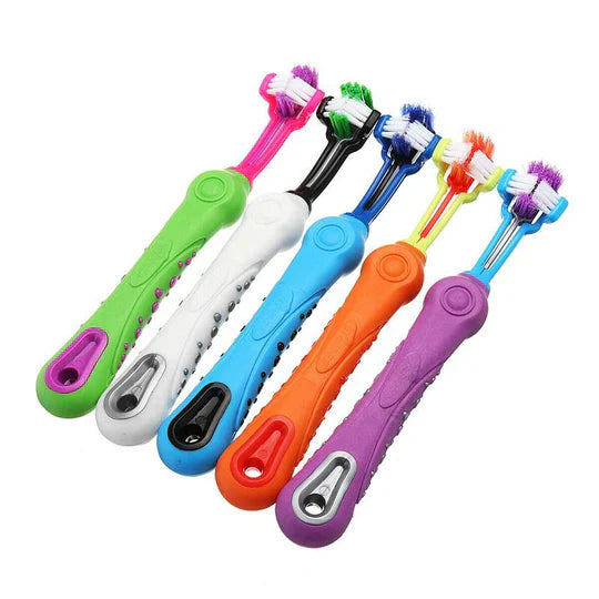 3-hoveds hundetandbørste med ergonomisk greb for effektiv 360° tandrensning i blå, grøn, lilla, orange, hvid.