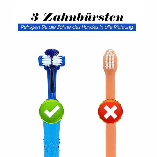 3-hoveds hundetandbørste med ergonomisk greb for effektiv 360° tandrensning i blå, grøn, lilla, orange, hvid.