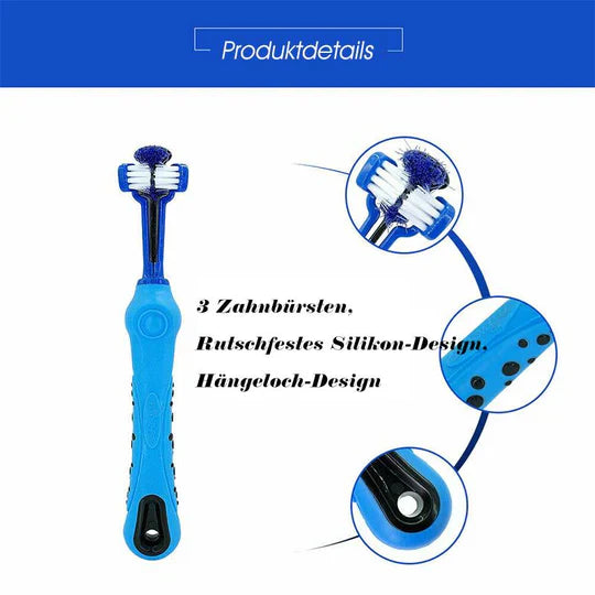 3-hoveds hundetandbørste med ergonomisk greb for effektiv 360° tandrensning i blå, grøn, lilla, orange, hvid.