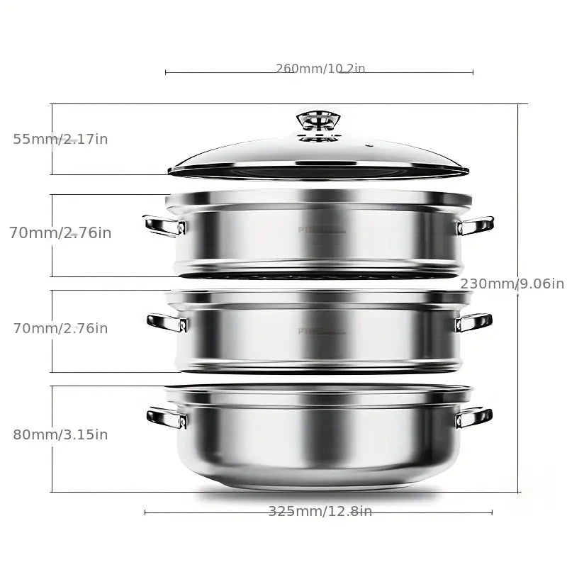 3-lags dampkoger i rustfrit stål, sidevisning med elegant rustfri overflade og 3 stablede niveauer.