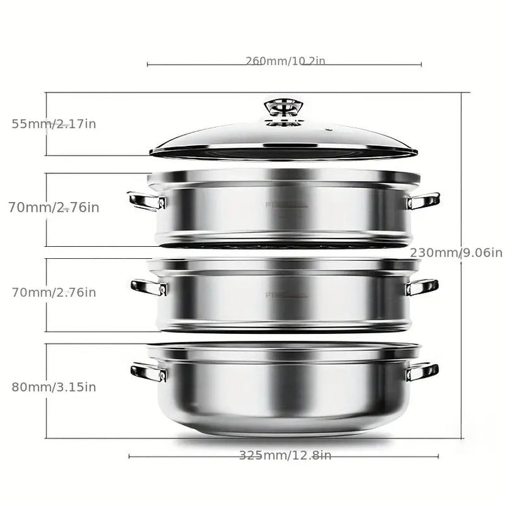 3-lags dampkoger i rustfrit stål, sidevisning med elegant rustfri overflade og 3 stablede niveauer.