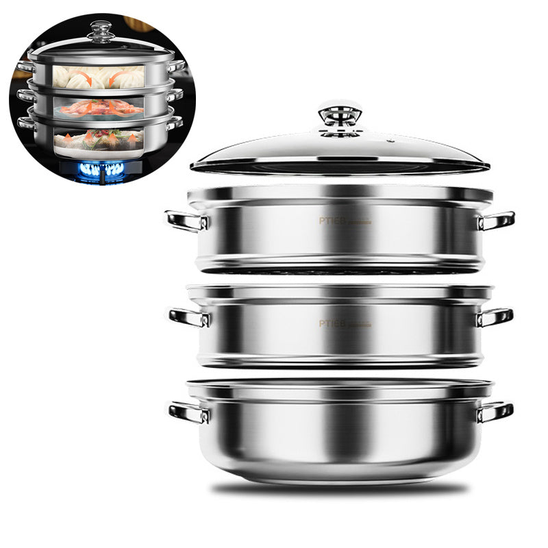 3-lags dampkoger i rustfrit stål, sidevisning med elegant rustfri overflade og 3 stablede niveauer.