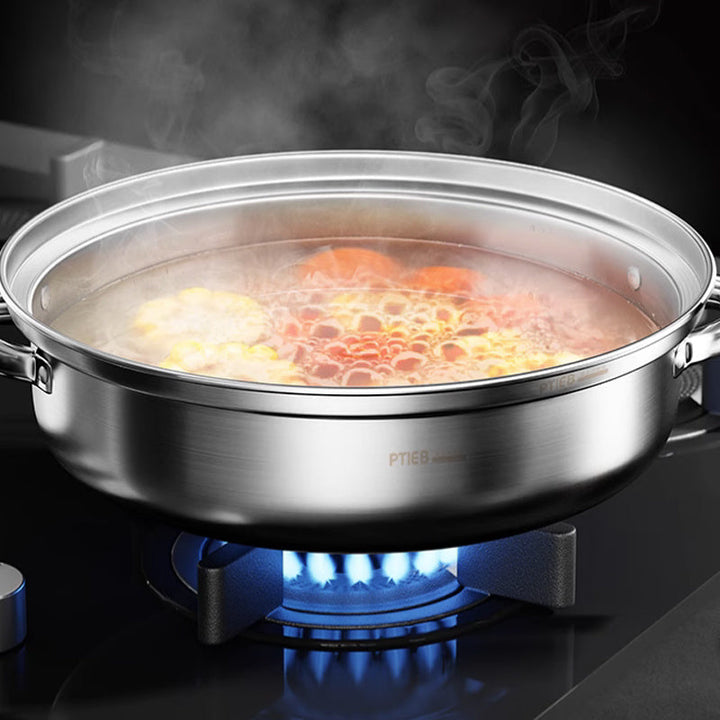 3-lags dampkoger i rustfrit stål, sidevisning med elegant rustfri overflade og 3 stablede niveauer.