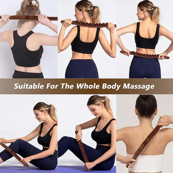 Nærbillede af Gua Sha massagestav af træ i brug