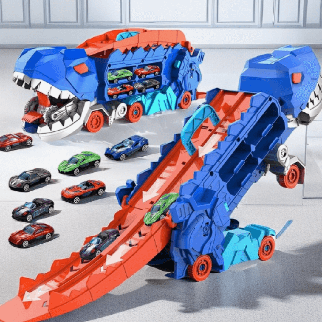 Børne racerbilstransporter 3-i-1 - Dino-lastbil & Racerbane
