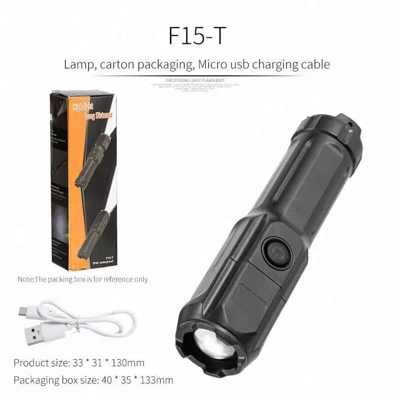 Kraftfuld LED-lommelygte med Zoom og USB-opladning