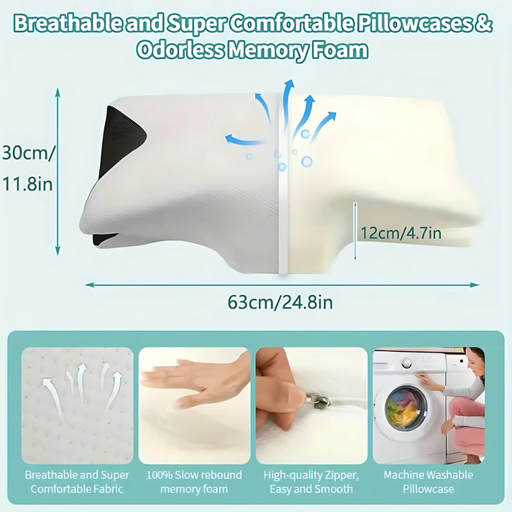 Hovedpude med memory foam til smertelindring af nakke og ryg. Ergonomisk design for velvære og bedre søvn.