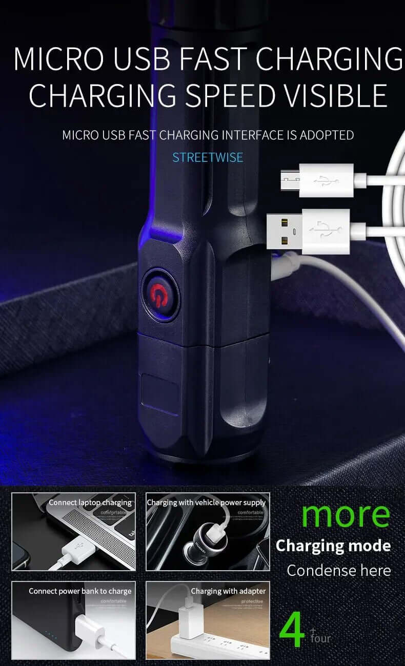 Kraftfuld LED-lommelygte med Zoom og USB-opladning