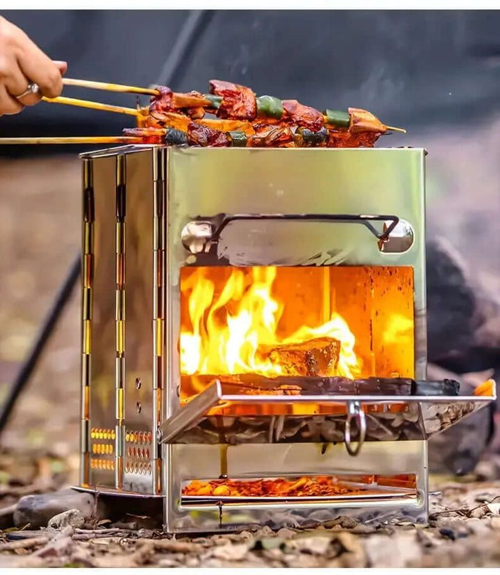 Sammenfoldelig campingovn i rustfrit stål, klar til brug udendørs