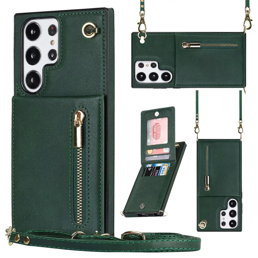 3i1 telefoncover med kortholder og skuldertaske i elegant design, ideelt til hverdag og rejser.