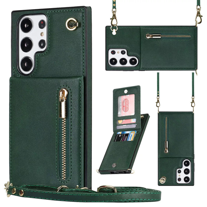 3i1 telefoncover med kortholder og skuldertaske i elegant design, ideelt til hverdag og rejser.
