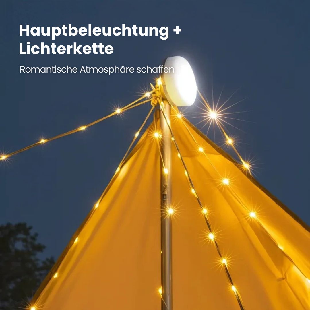 4-i-1 Camplight, vandtæt, multifunktionel, sort-guld, ideel til camping, natbelysning, integreret powerbank