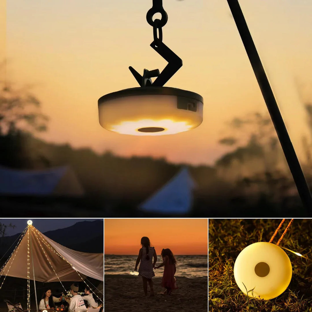 4-i-1 Camplight, vandtæt, multifunktionel, sort-guld, ideel til camping, natbelysning, integreret powerbank