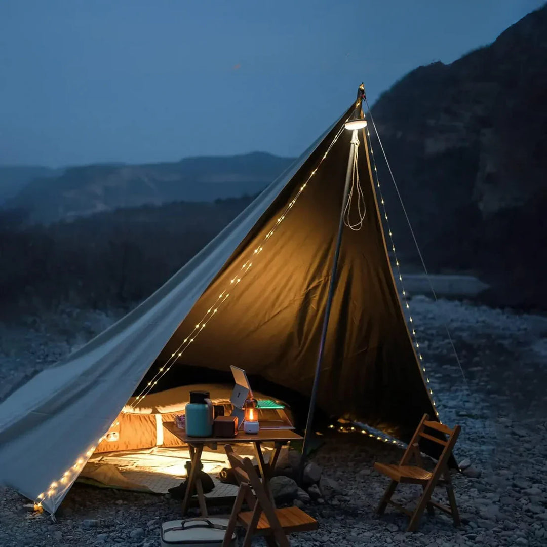 4-i-1 Camplight, vandtæt, multifunktionel, sort-guld, ideel til camping, natbelysning, integreret powerbank