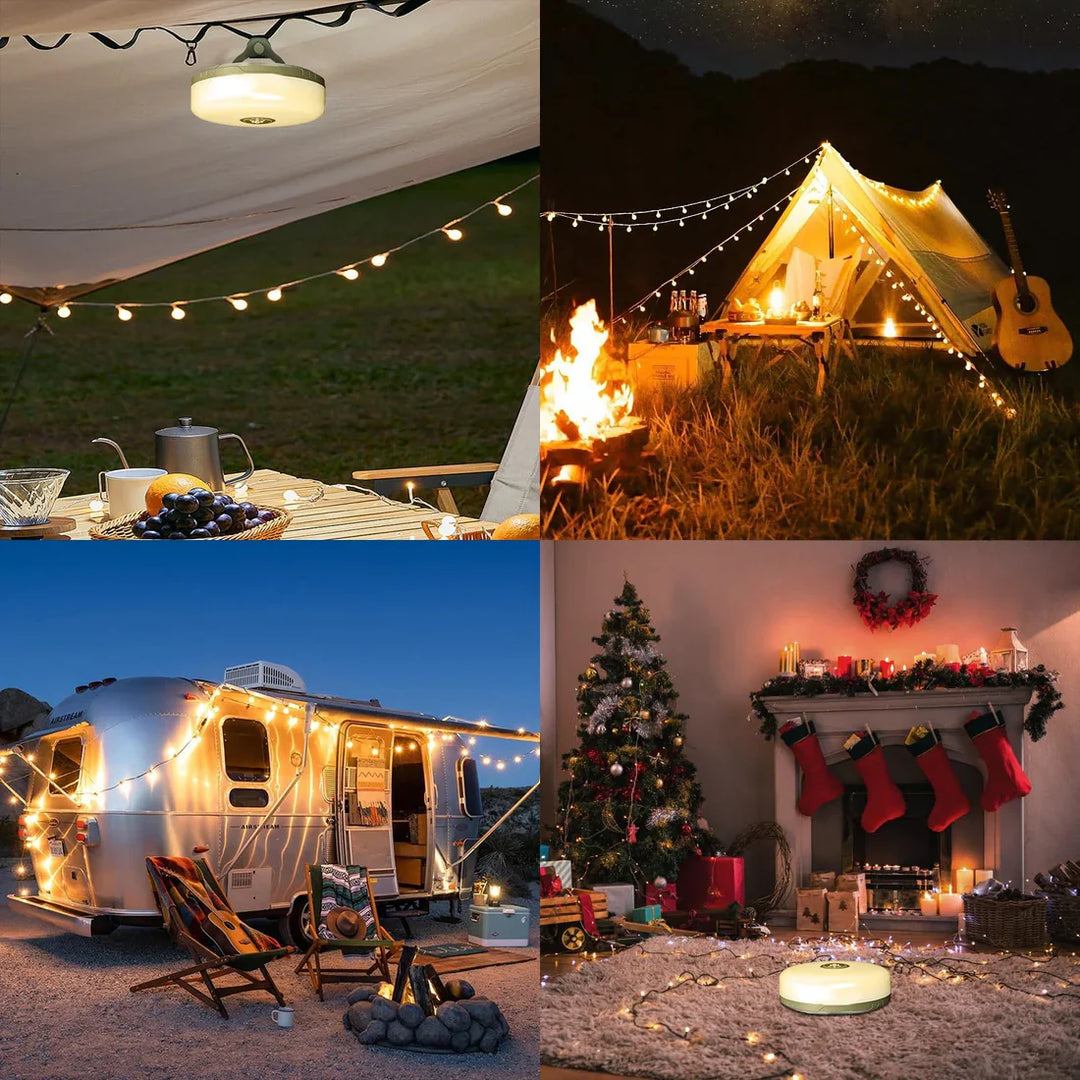 4-i-1 Camplight, vandtæt, multifunktionel, sort-guld, ideel til camping, natbelysning, integreret powerbank