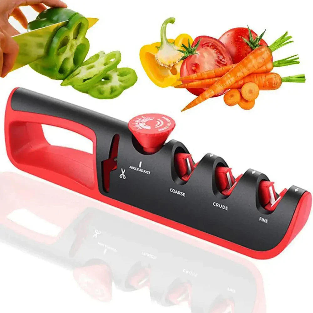 4-i-1 knivsliber med justerbar slibevinkel og ergonomisk greb, egnet til knive og sakse.