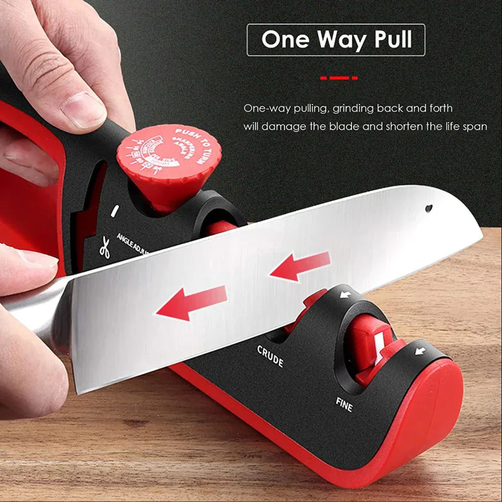 4-i-1 knivsliber med justerbar slibevinkel og ergonomisk greb, egnet til knive og sakse.