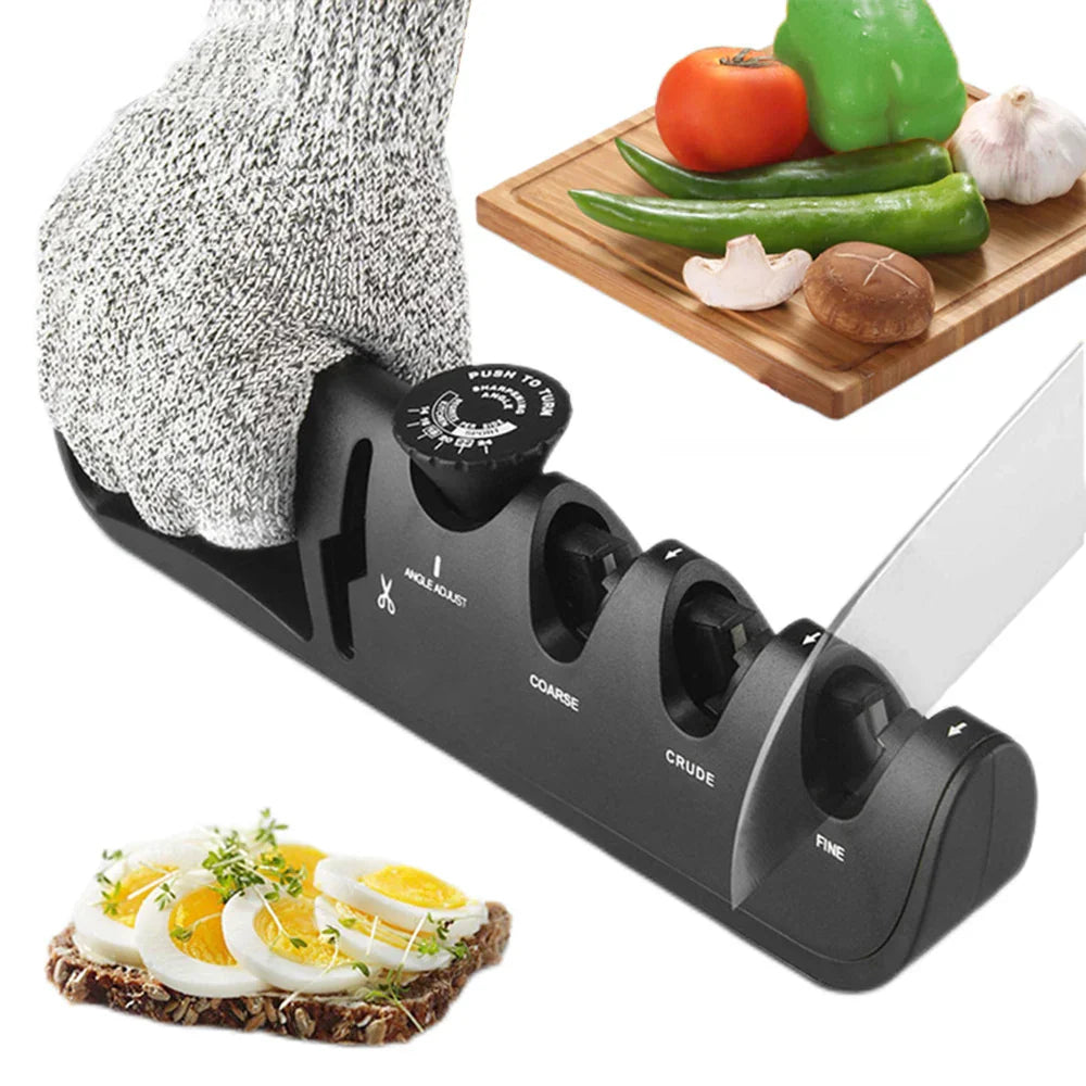 4-i-1 knivsliber med justerbar slibevinkel og ergonomisk greb, egnet til knive og sakse.
