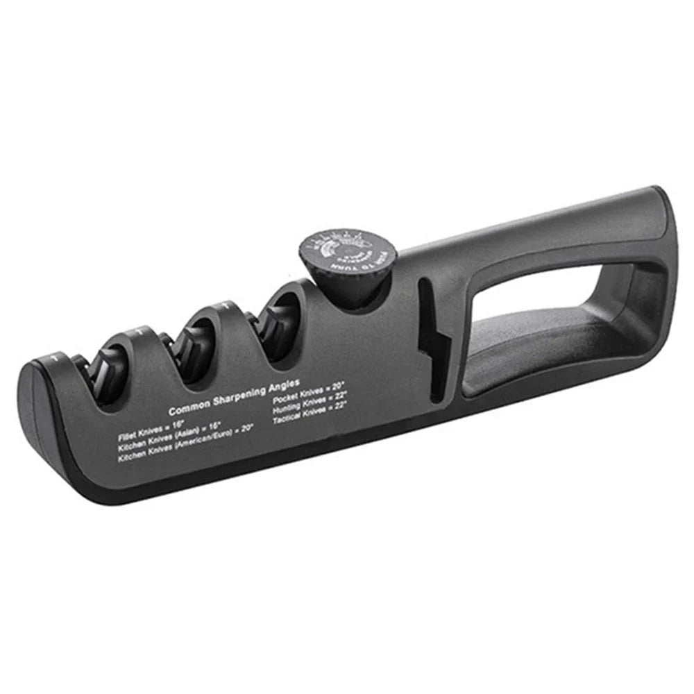 4-i-1 knivsliber med justerbar slibevinkel og ergonomisk greb, egnet til knive og sakse.