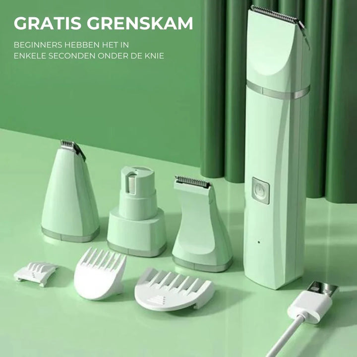 4-i-1 kæledyrsplejetrimmer til pels- og klopleje, kompakt design, ideel til kæledyr, ergonomisk, støjsvag.