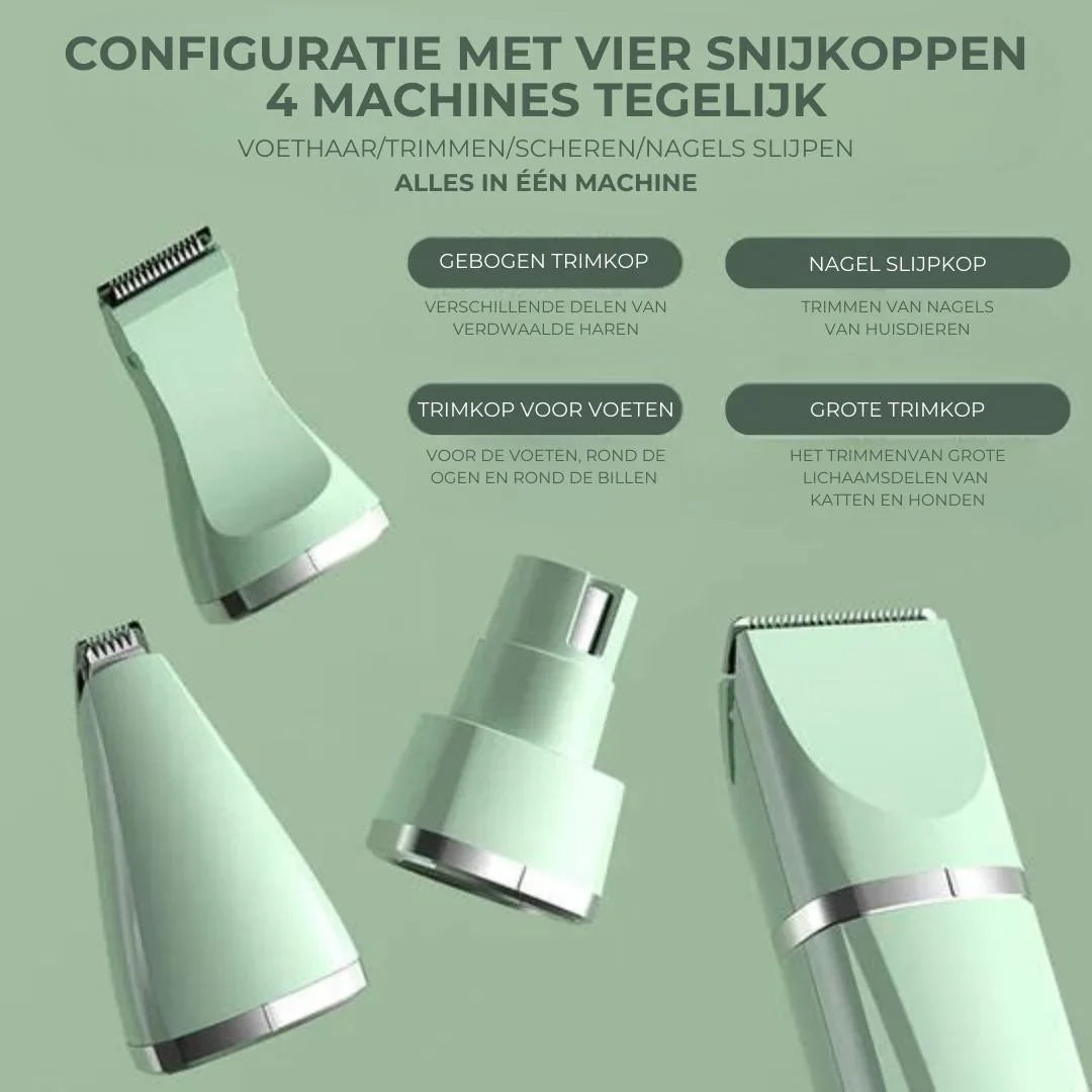 4-i-1 kæledyrsplejetrimmer til pels- og klopleje, kompakt design, ideel til kæledyr, ergonomisk, støjsvag.