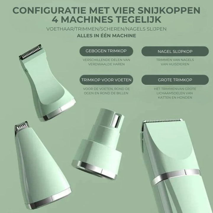 4-i-1 kæledyrsplejetrimmer til pels- og klopleje, kompakt design, ideel til kæledyr, ergonomisk, støjsvag.
